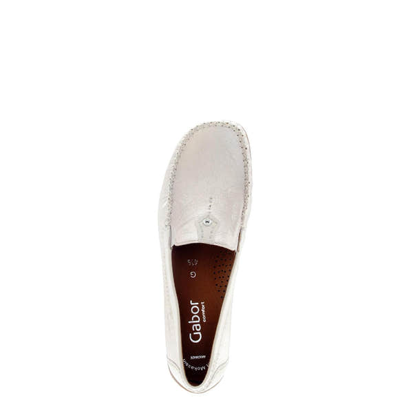 Gabor California Ladies beige gold leather slip-on shoes, moccasin style with stitched detailing and comfortable interior.