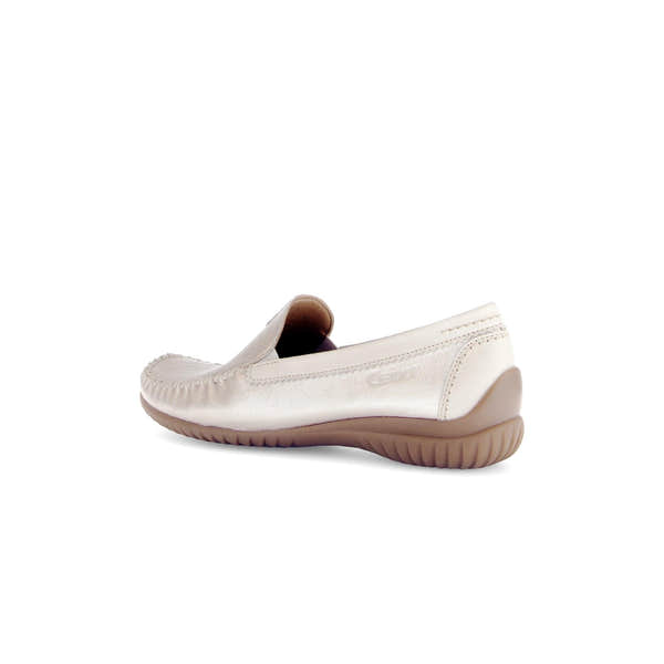 Gabor California Ladies Beige Gold Leather Slip-On Shoes with cushioned sole and rounded toe.
