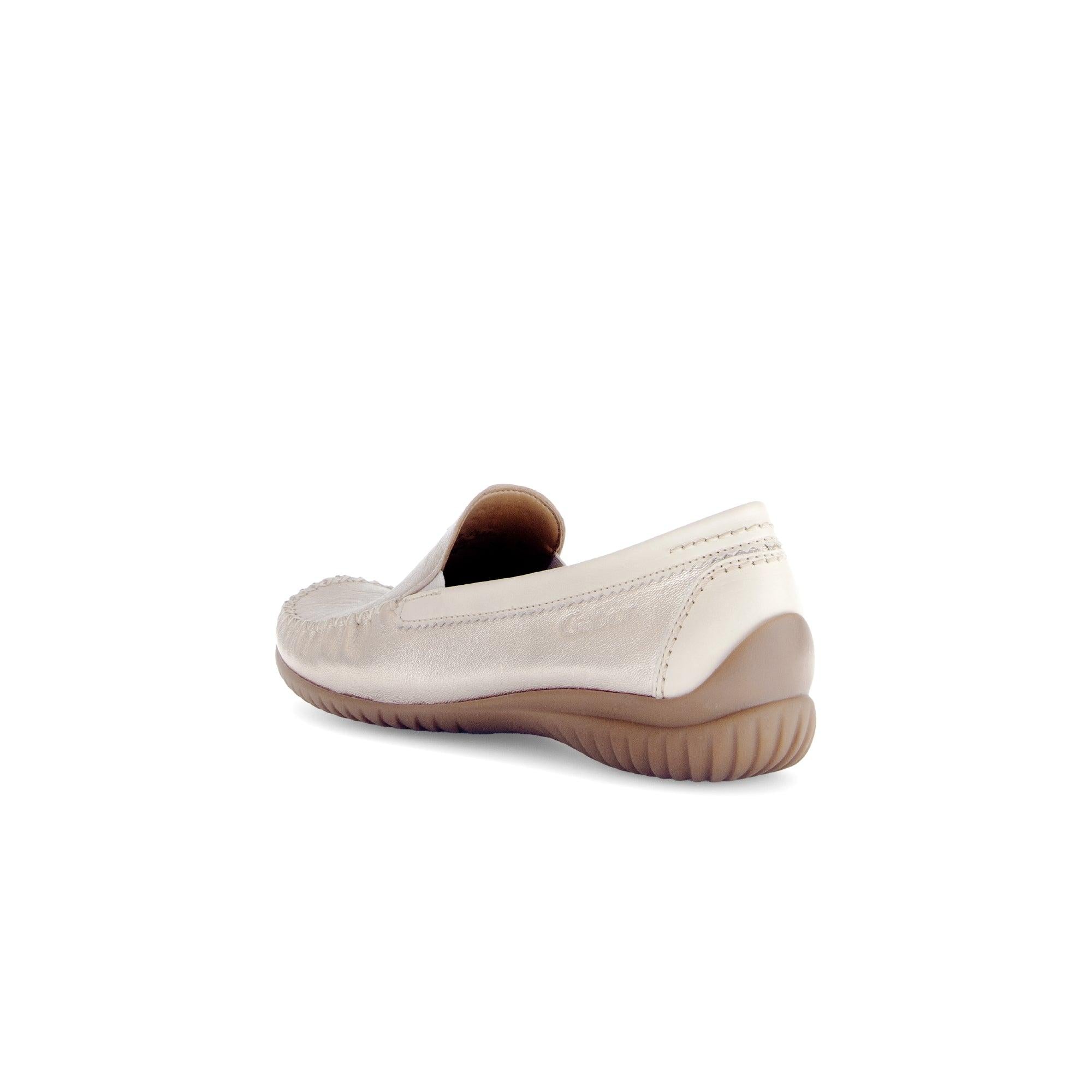 Gabor California Ladies Beige Gold Leather Slip-On Shoes, comfortable flat with textured sole and stitched detailing.