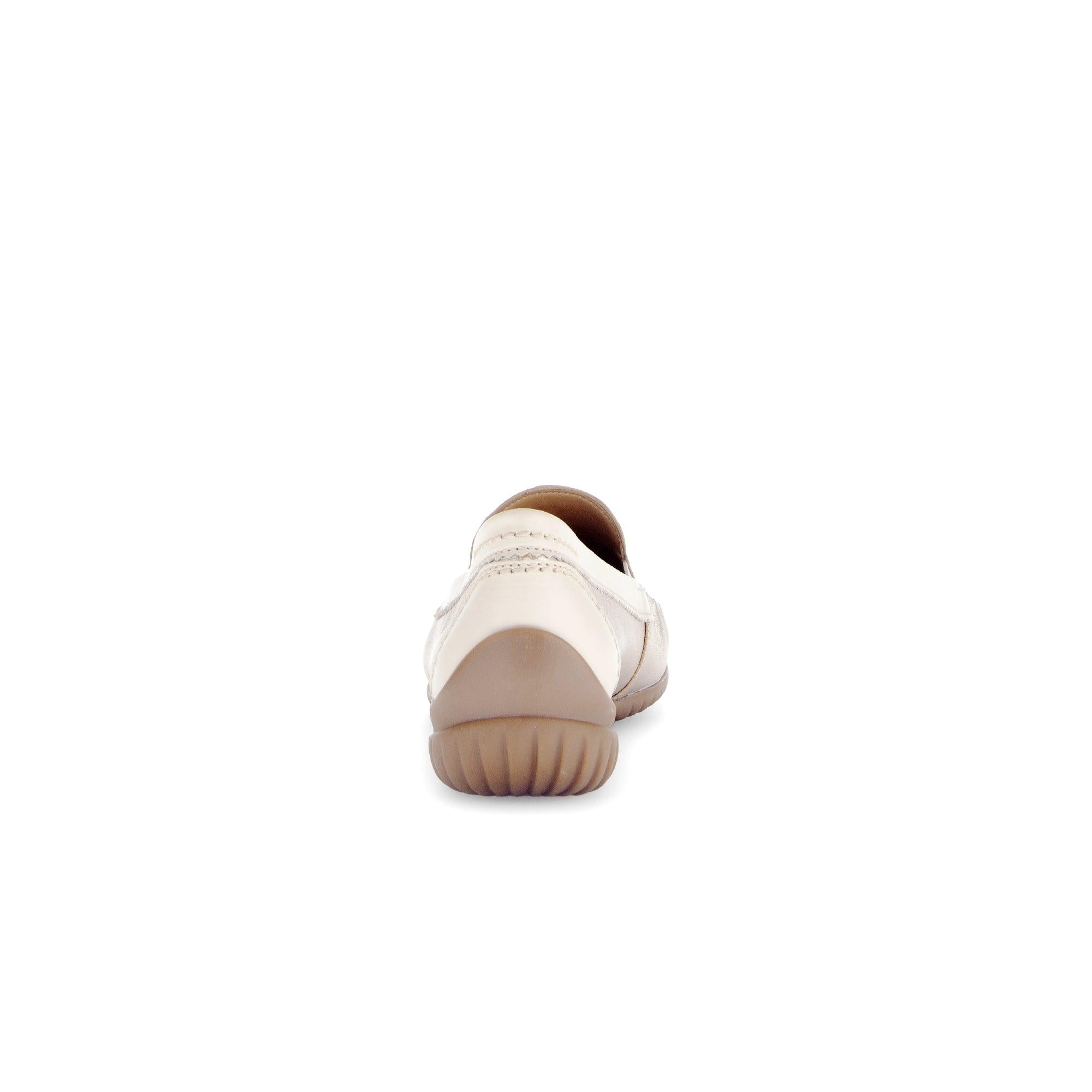 Gabor California Ladies Beige Gold Leather Slip-On Shoes, flat with ribbed sole and metallic accents.