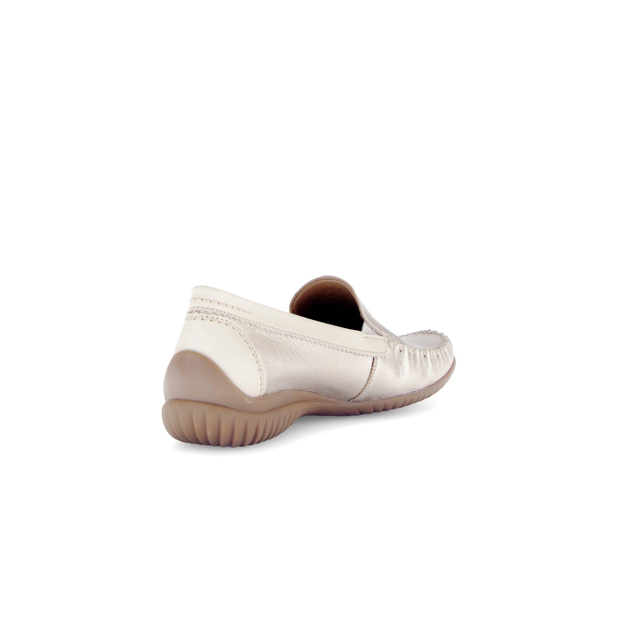 Gabor California Ladies Beige Gold Leather Slip-On Shoes with cushioned sole and rounded toe.