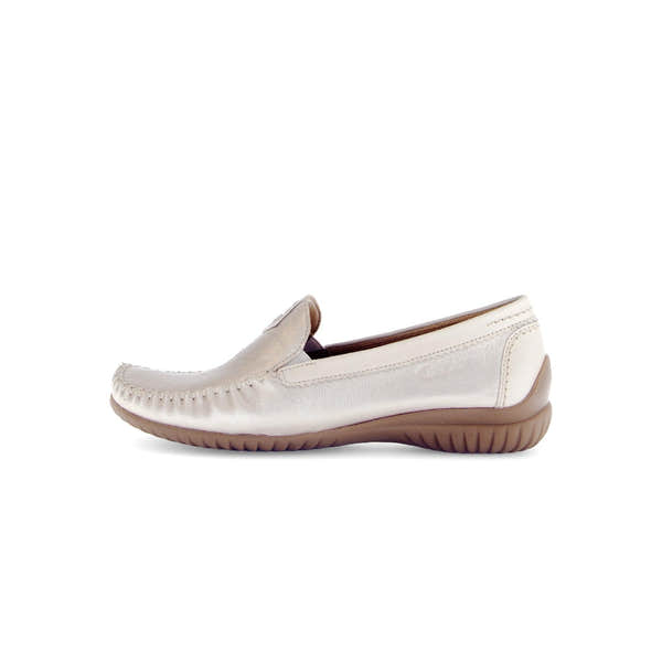 Gabor California Ladies Slip-On Shoes in Beige with Gold Leather Upper and Cushioned Rubber Sole.