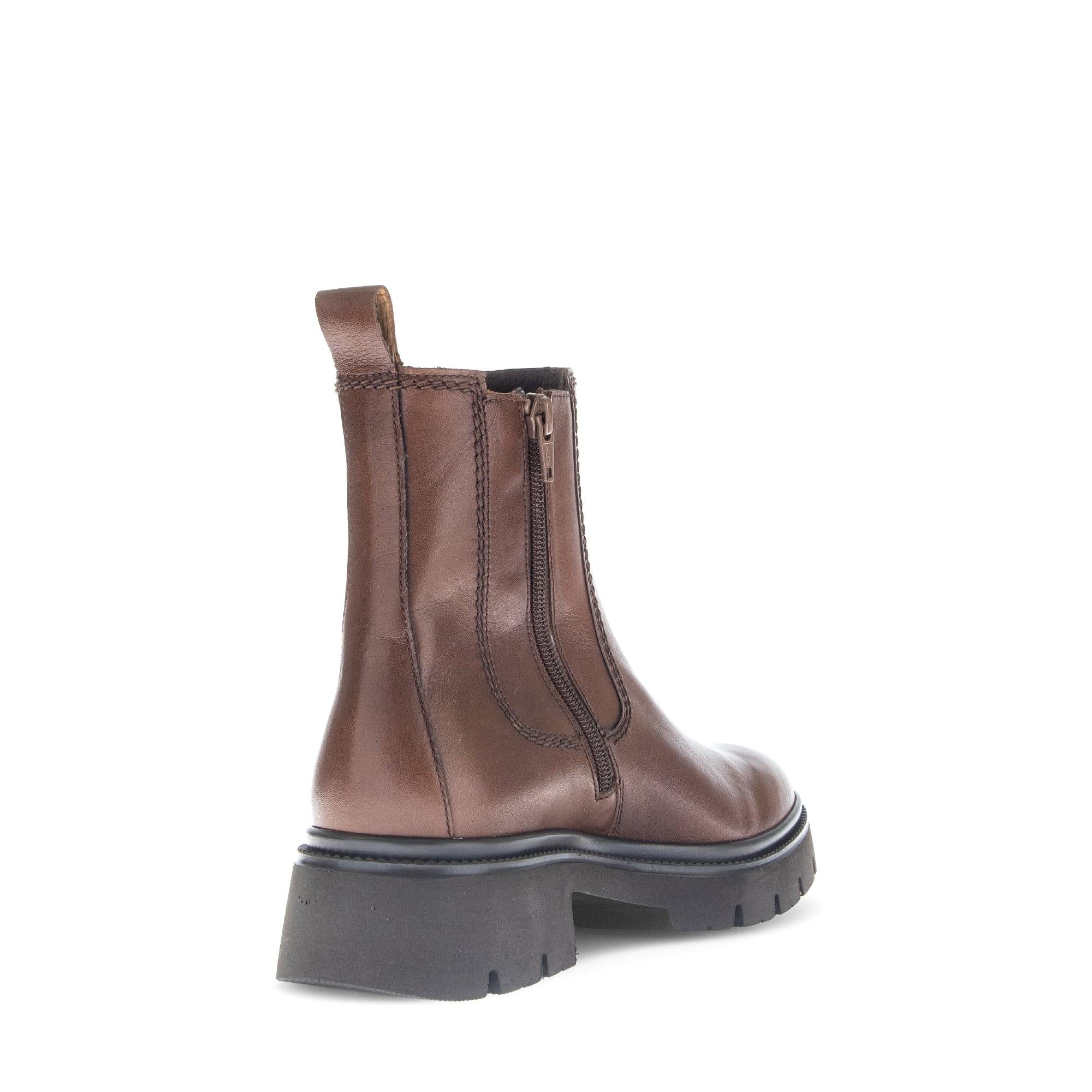 Gabor Marissa women's ankle boots in brown smooth leather with side zip, pull tab, chunky sole, and stylish design.