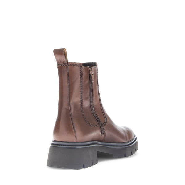 Gabor Marissa women's ankle boots in brown smooth leather with side zip, pull tab, chunky sole, and stylish design.
