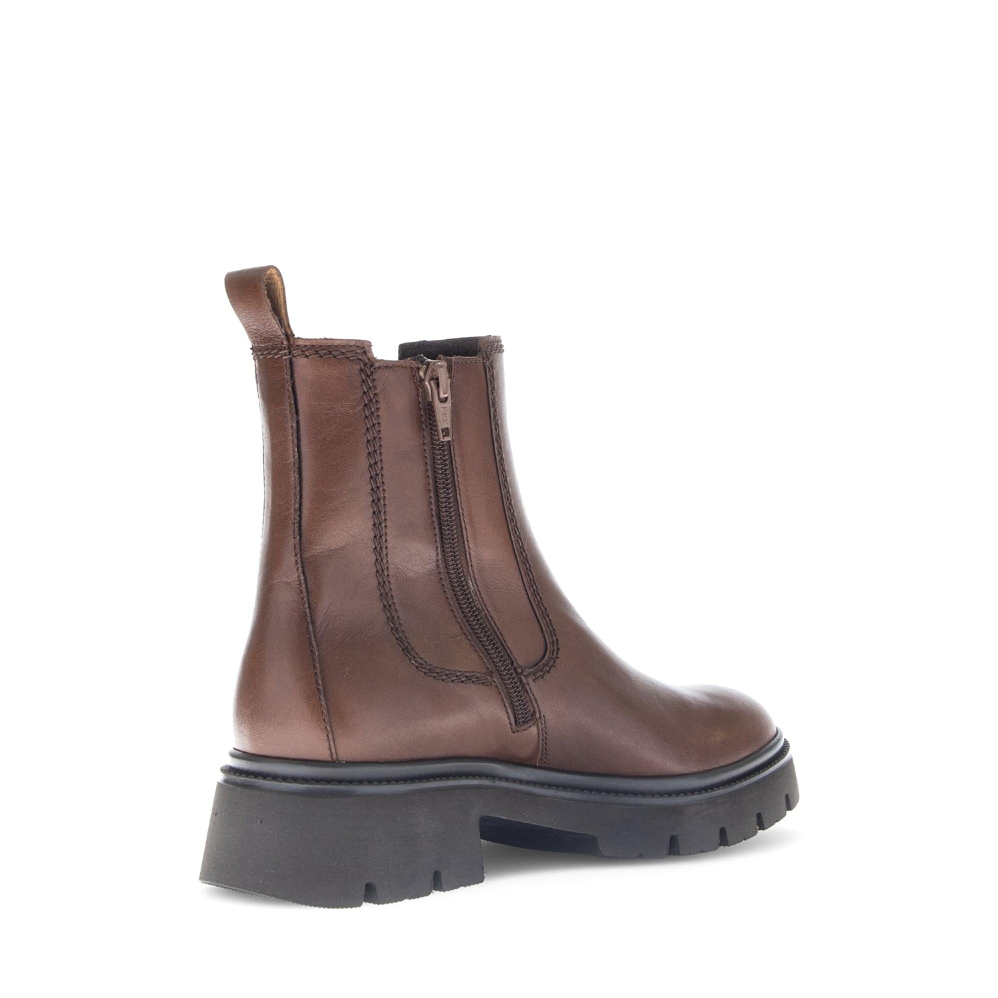 Gabor Marissa women's ankle boots in brown smooth leather with side zipper and chunky black sole.