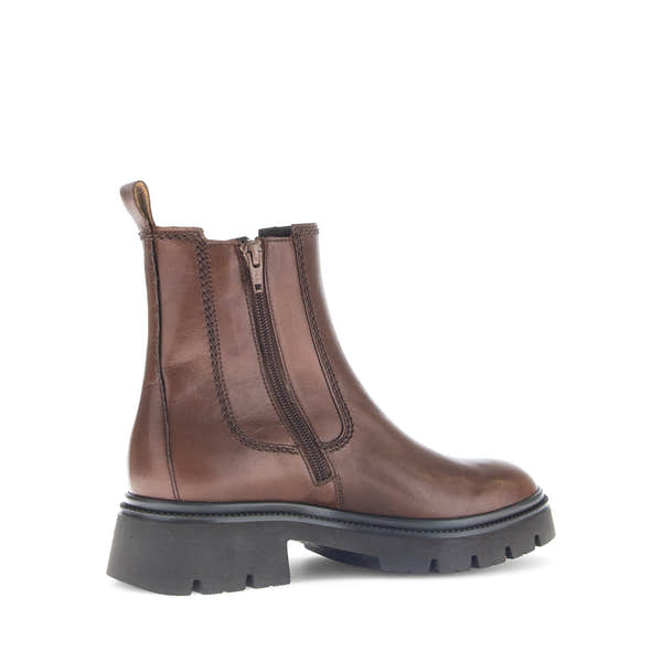 Gabor Marissa women's ankle boots in brown smooth leather with side zipper, chunky sole, and pull tab detail.