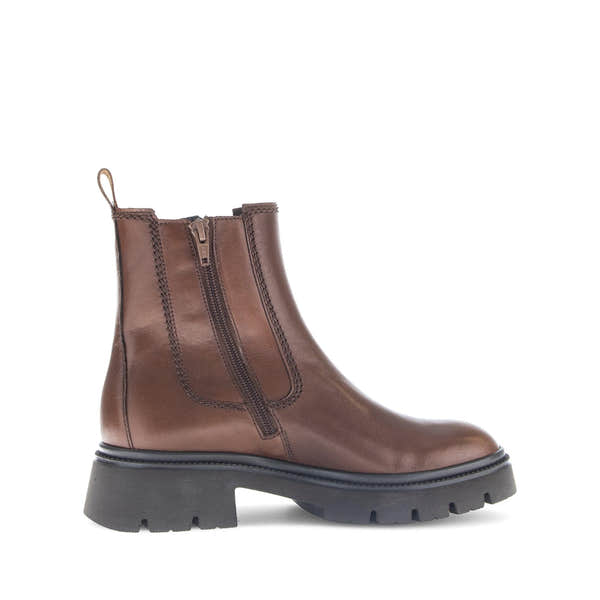 Gabor Marissa women's brown smooth leather ankle boots with side zipper, chunky heel, and rugged sole.
