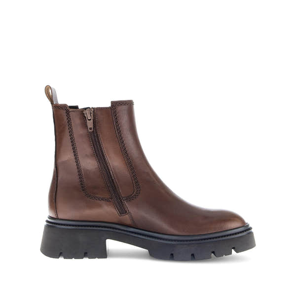 Gabor Marissa women's ankle boots in brown smooth leather with side zipper and chunky black sole.
