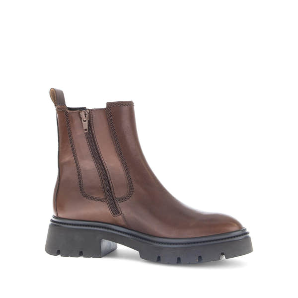 Gabor Marissa women's brown smooth leather ankle boots with side zipper and chunky outsole.