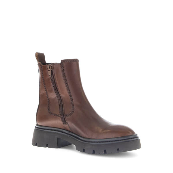 Gabor Marissa Women's Brown Smooth Leather Side Zip Ankle Boots with chunky heel and rugged outsole.