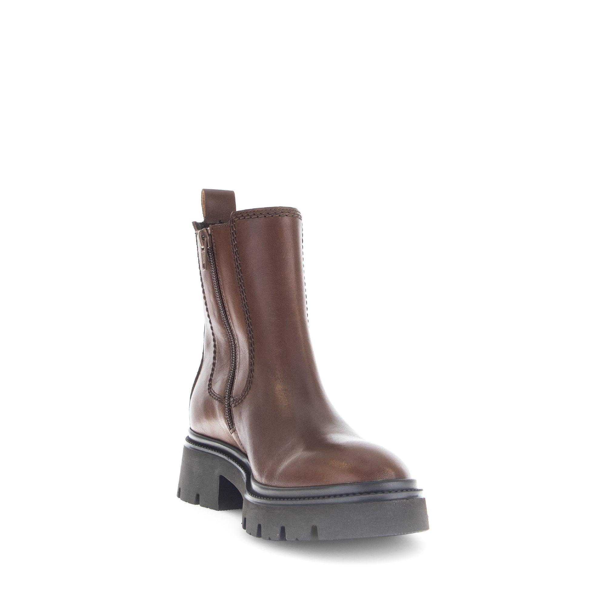 Gabor Marissa women's brown smooth leather ankle boots with side zipper and chunky black sole.