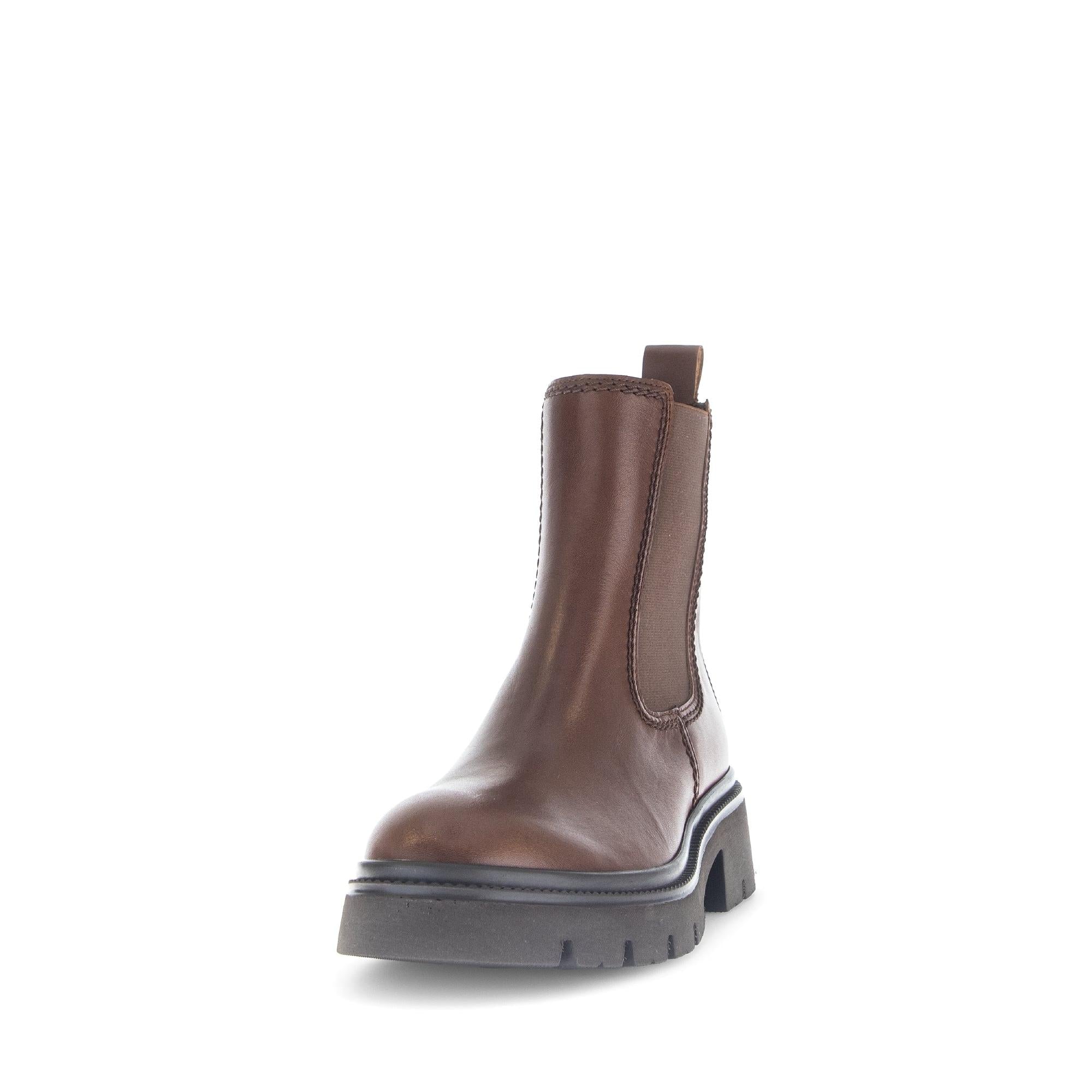 Gabor Marissa women's brown leather ankle boots with side zipper, smooth finish, chunky heel, and slip-on style.