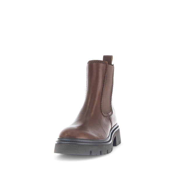 Gabor Marissa women's brown leather ankle boots with side zipper, smooth finish, chunky heel, and slip-on style.