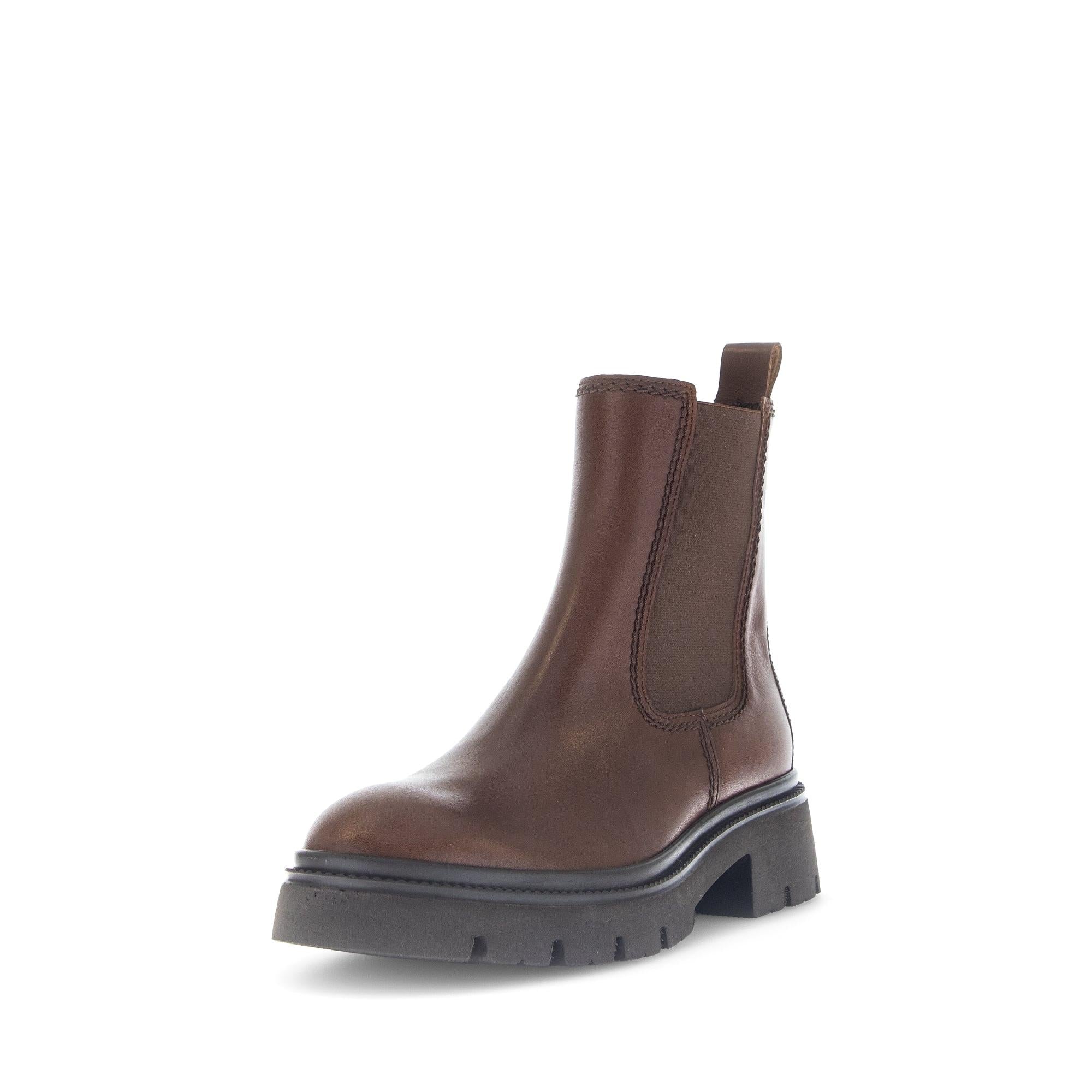 Gabor Marissa women's brown smooth leather ankle boot with side zipper, block heel, and rugged sole.