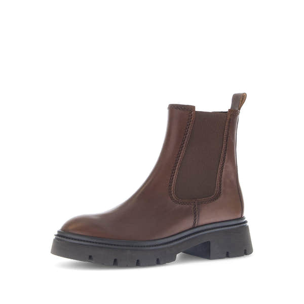 Gabor Marissa women's ankle boots in brown smooth leather with side zip, elastic side panel, chunky sole, and pull tab.