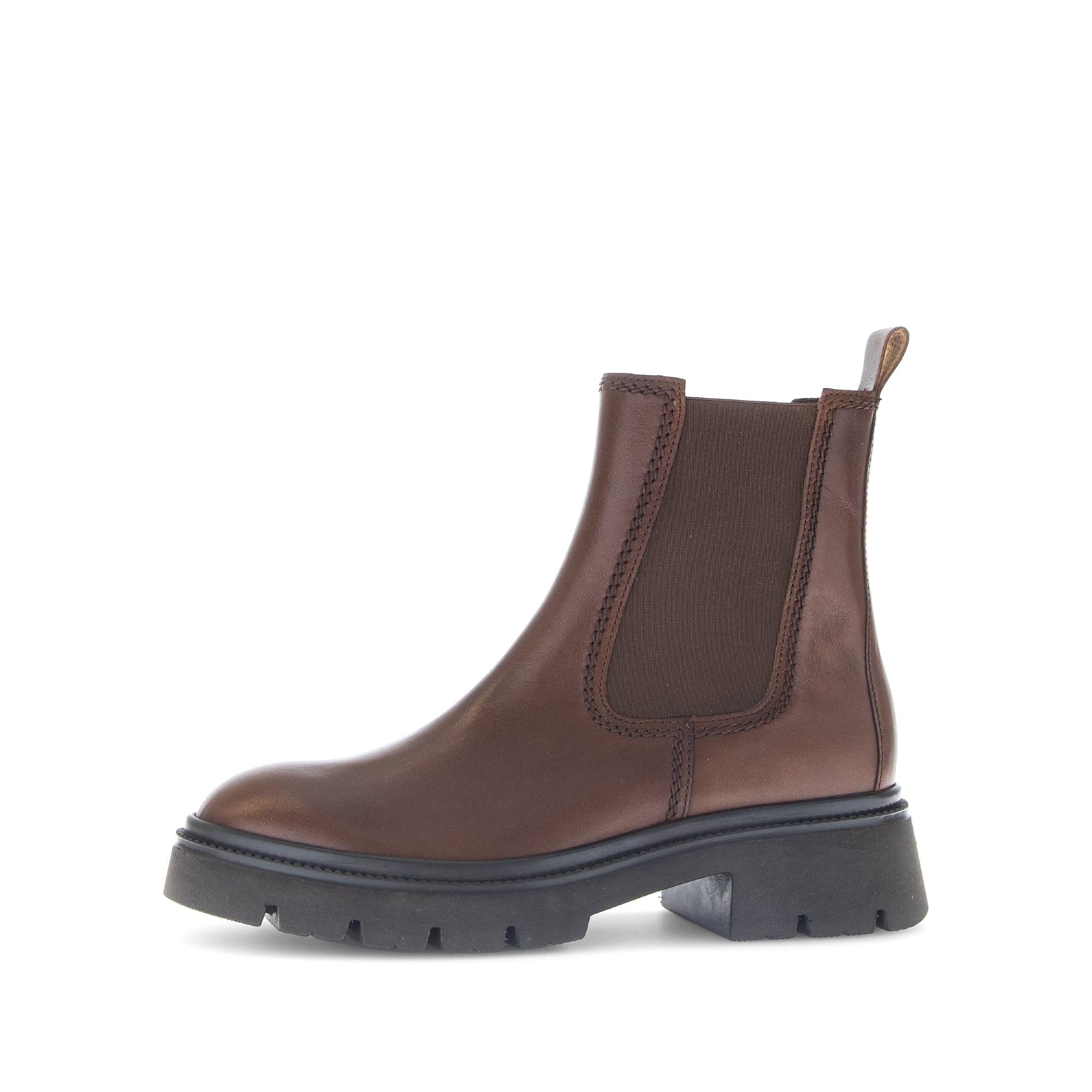 Gabor Marissa women's ankle boots in brown smooth leather with side zip, elastic side panel, chunky sole, and pull tab back.