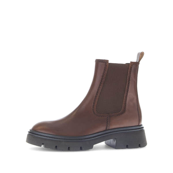 Gabor Marissa women's ankle boots in brown smooth leather with side zip, elastic side panel, chunky sole, and pull tab back.