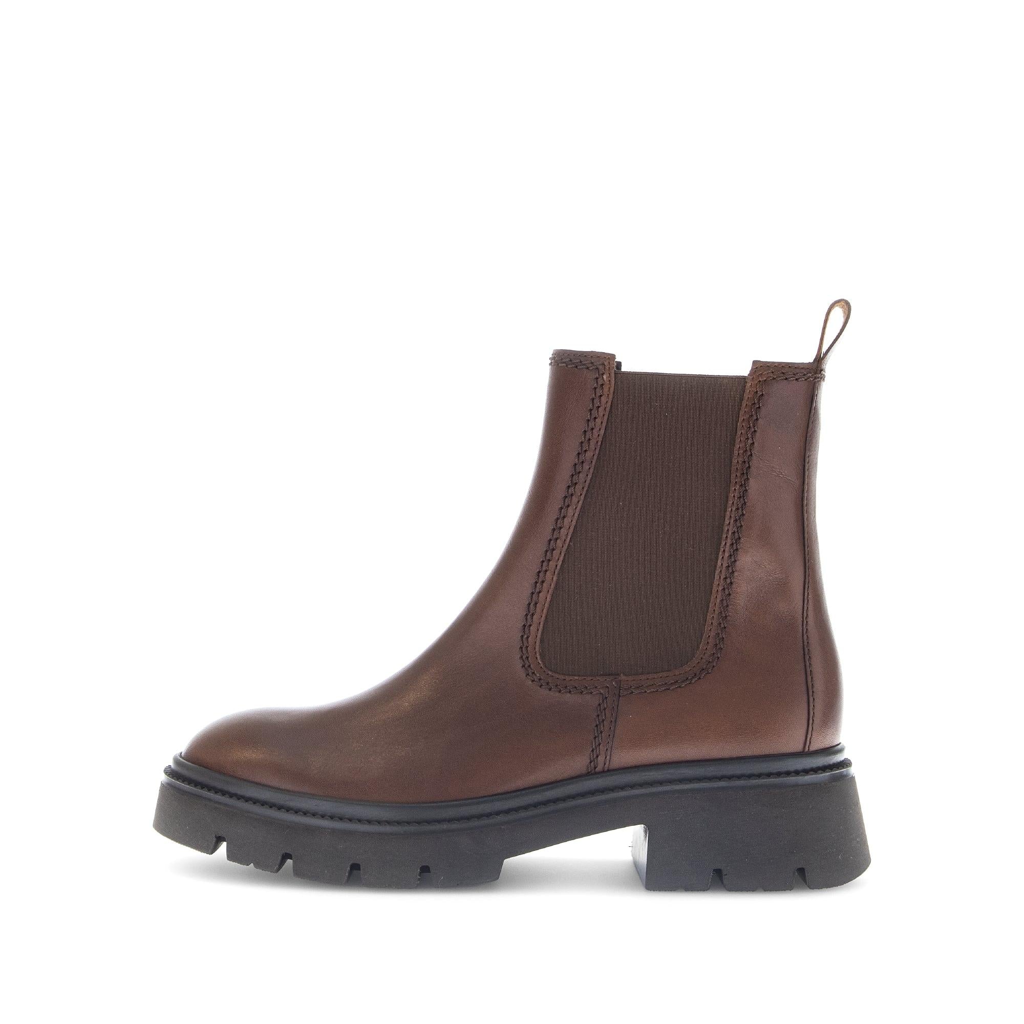 Gabor Marissa women's brown smooth leather ankle boots with side zipper, elastic side panels, and chunky lug sole.