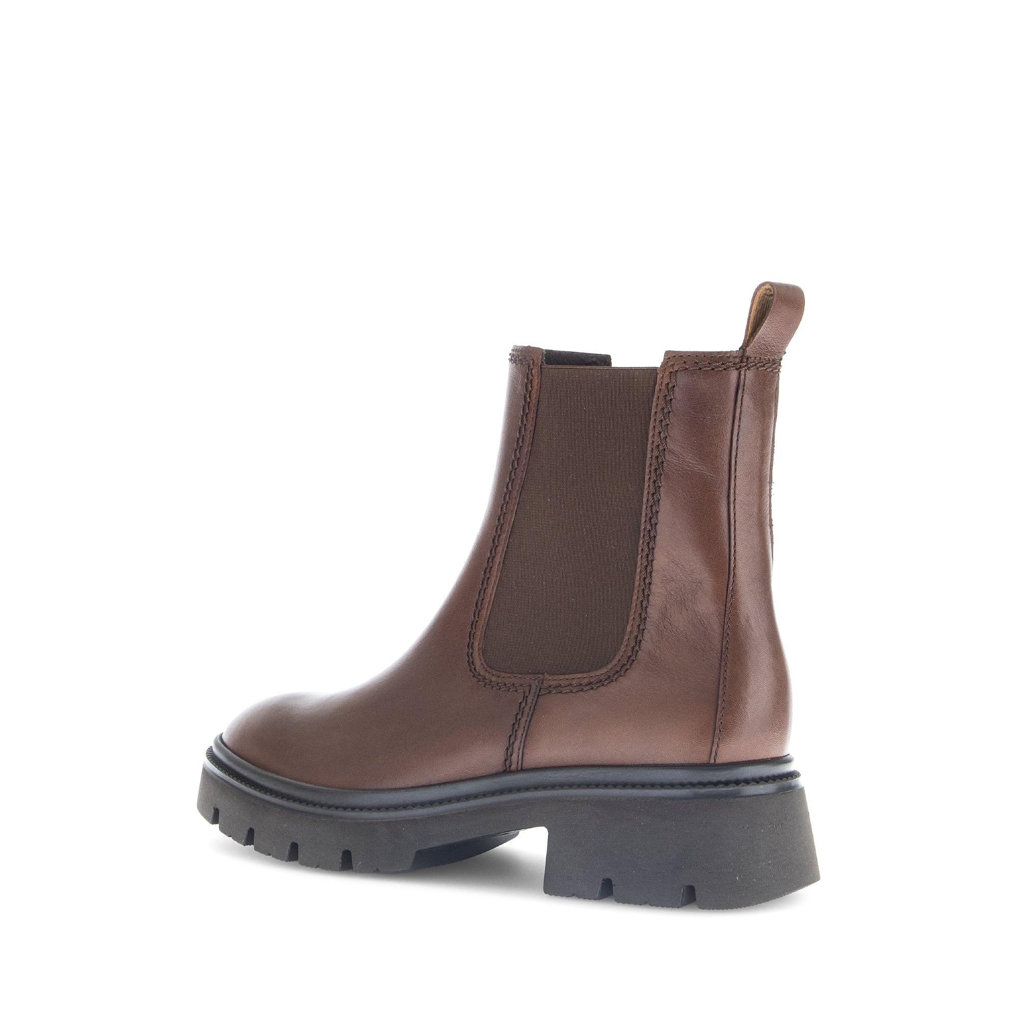Gabor Marissa brown leather ankle boots with side zip, smooth finish, chunky heel, and elastic side panels.
