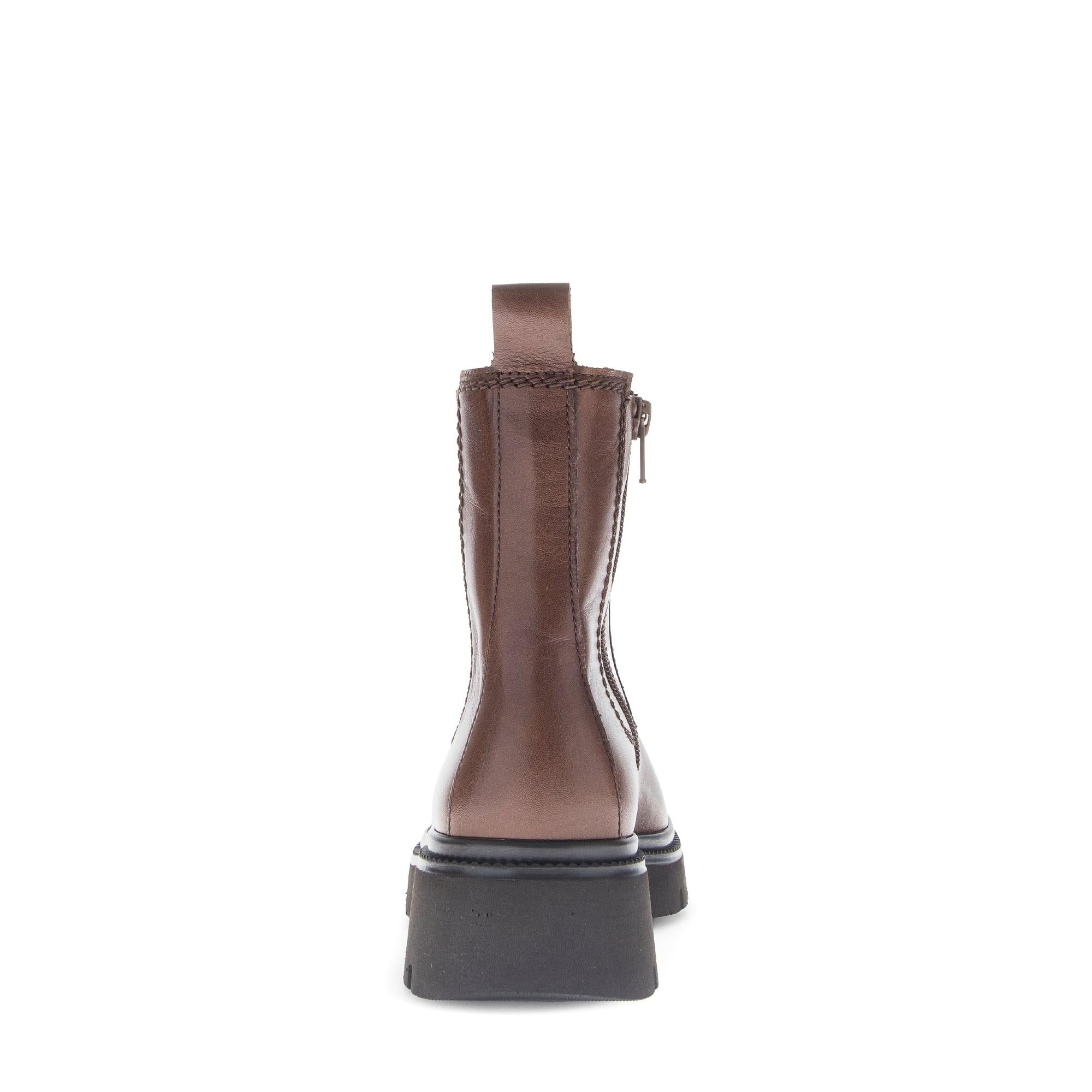 Gabor Marissa women's ankle boots in brown smooth leather with side zipper, chunky black sole, and pull tab.