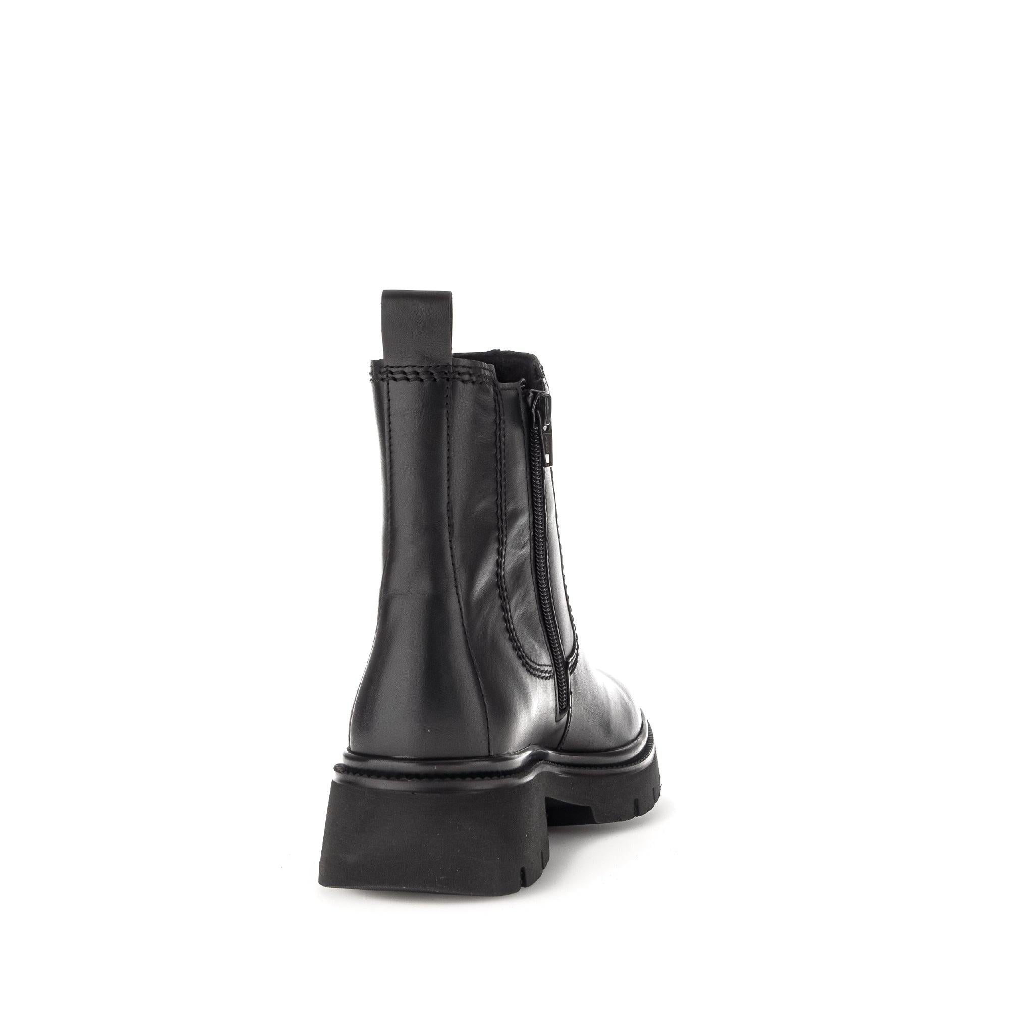 Black waxed leather side zip ankle boots with chunky sole and pull tab, stylish and durable women's footwear.
