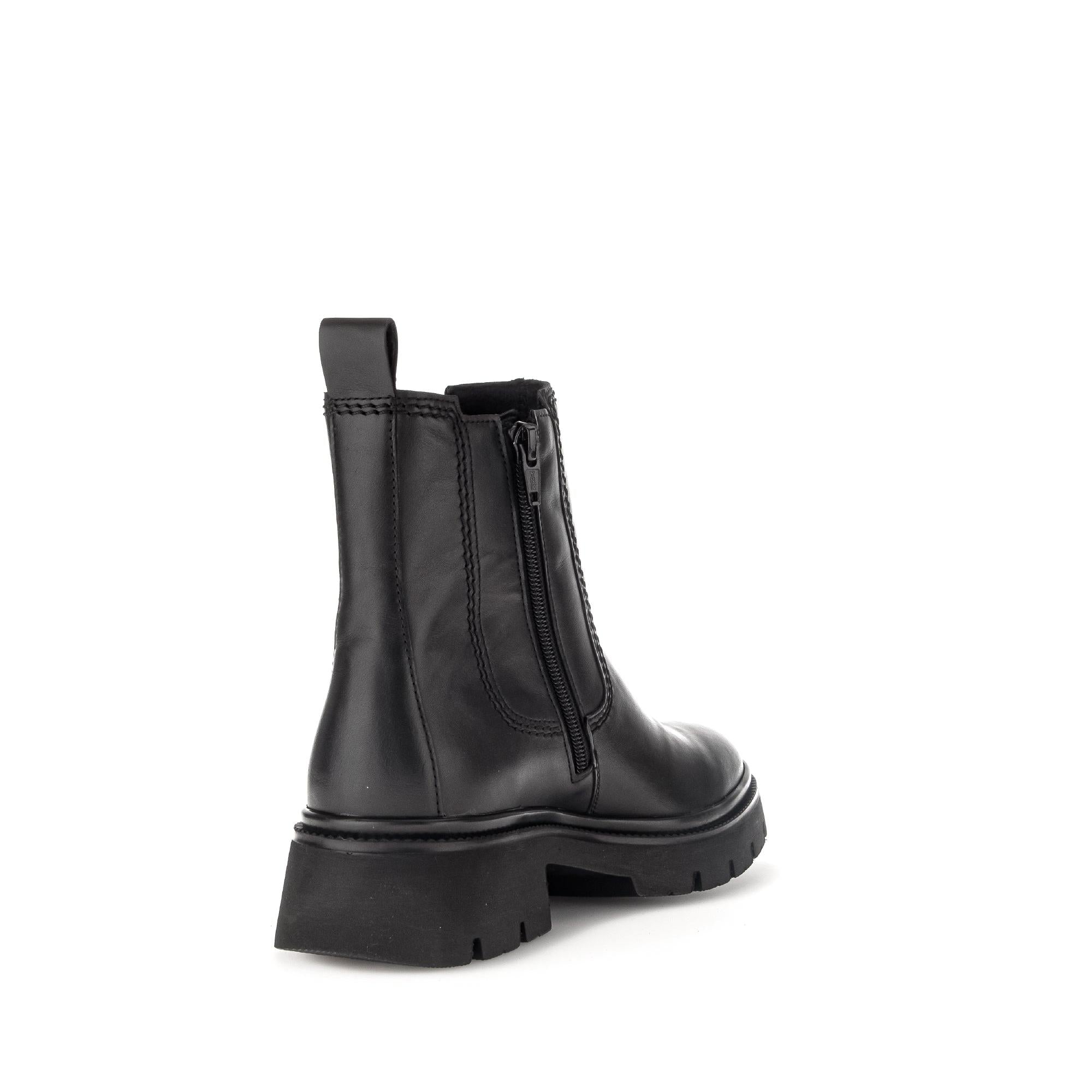 Gabor Marissa women's black waxed leather ankle boots with side zipper and chunky heel. Stylish, durable, and versatile footwear.