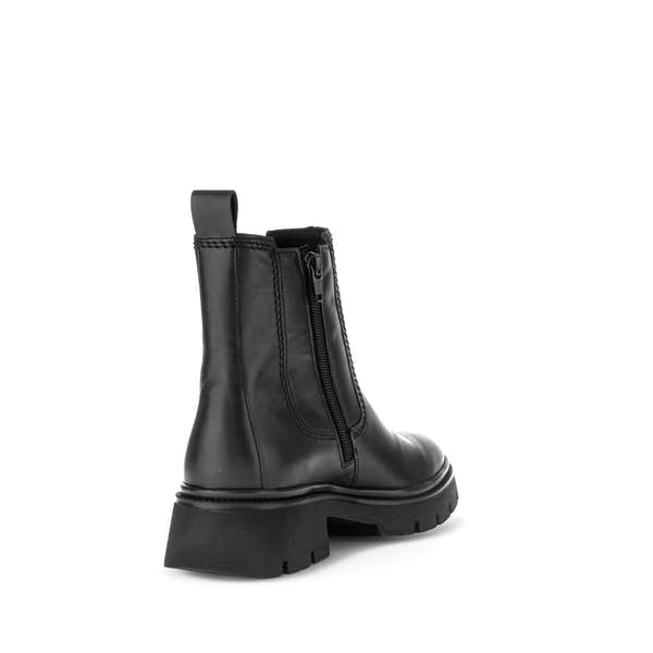 Gabor Marissa women's black waxed leather ankle boots with side zipper and chunky heel. Stylish, durable, and versatile footwear.