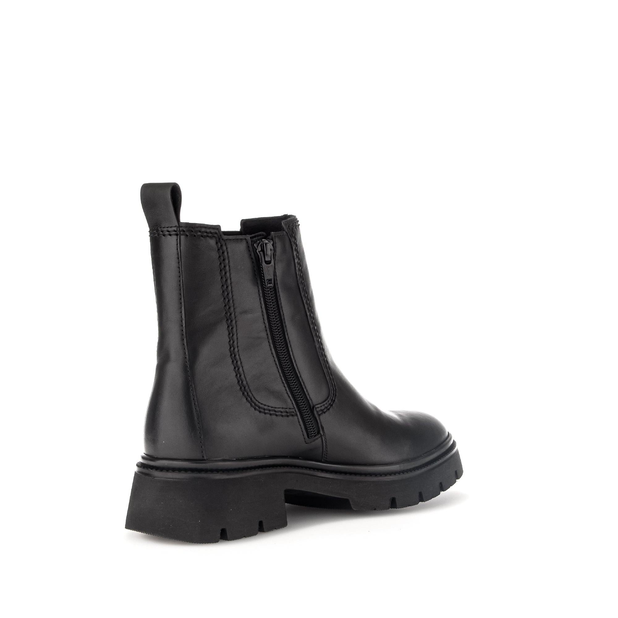 Gabor Marissa women's black waxed leather ankle boots with side zip, chunky sole, and pull tab for stylish, comfortable wear.