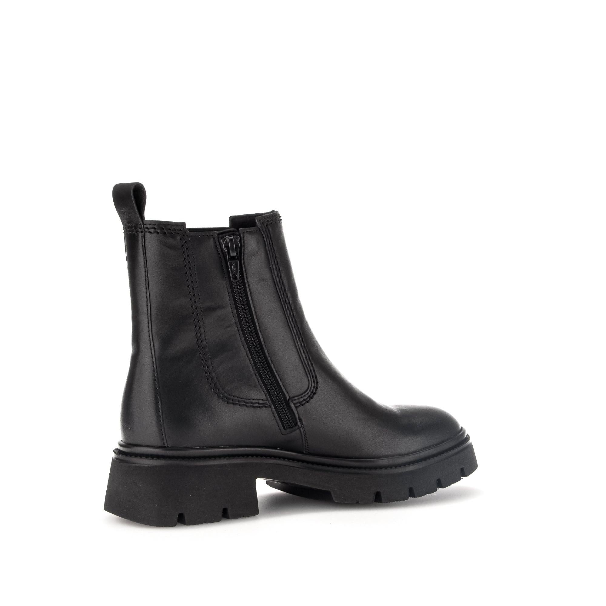Gabor Marissa Women's Black Waxed Leather Side Zip Ankle Boots with chunky sole and pull tab.