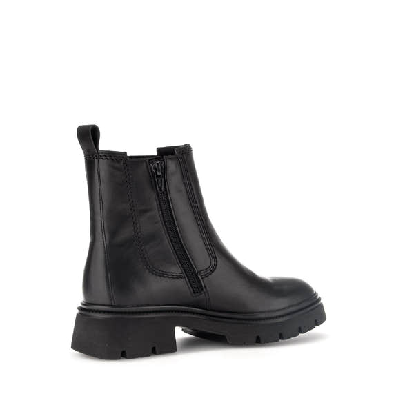 Gabor Marissa Women's Black Waxed Leather Side Zip Ankle Boots with chunky sole and pull tab.