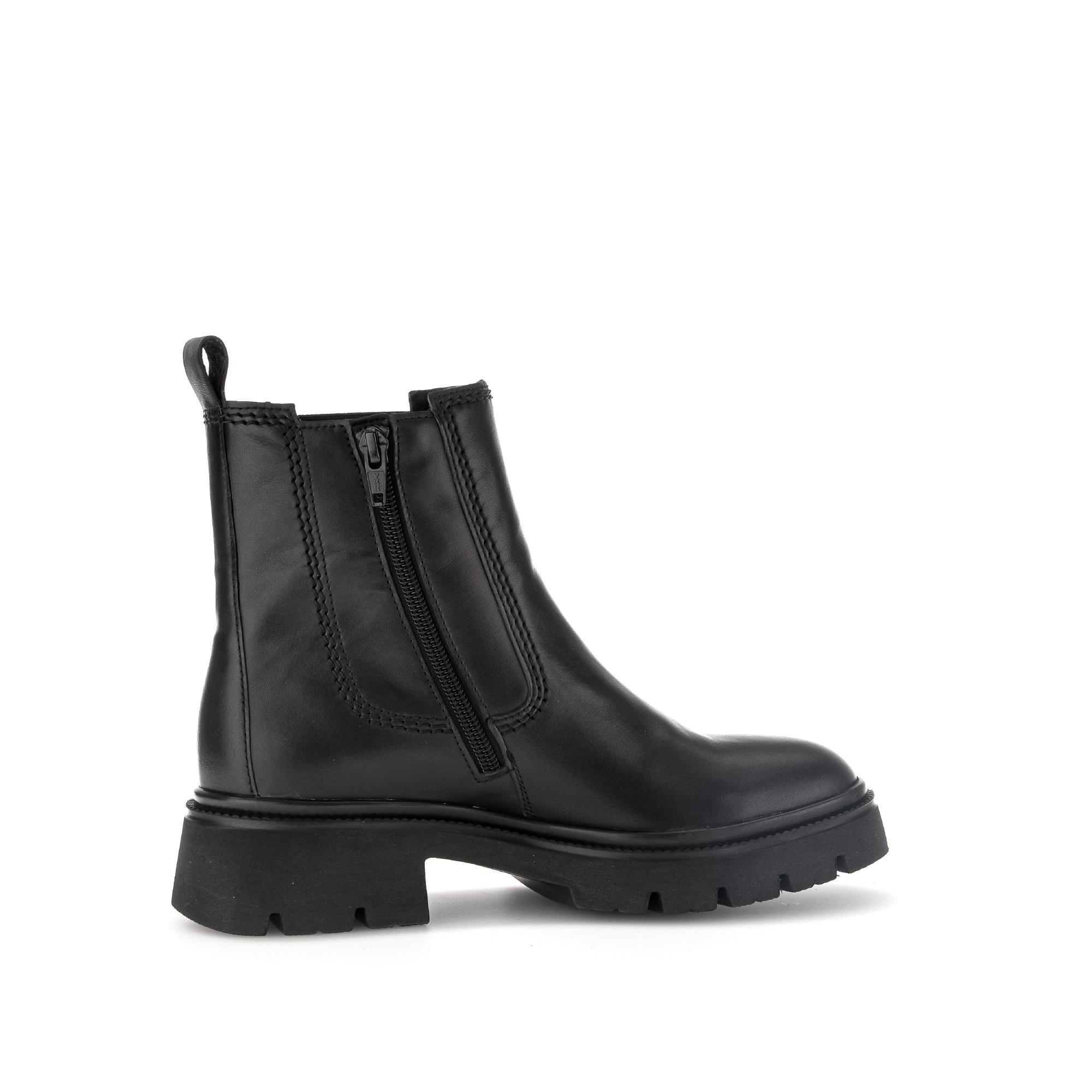 Gabor Marissa women's black waxed leather ankle boots with side zipper, chunky heel, and rugged sole.