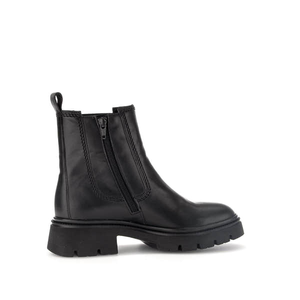 Gabor Marissa women's black waxed leather ankle boots with side zipper, chunky heel, and rugged sole.