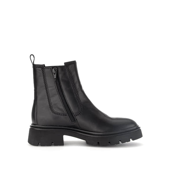 Black waxed leather ankle boot with side zipper, chunky sole, and pull tab, Women's Gabor Marissa low-heel side zip boots.