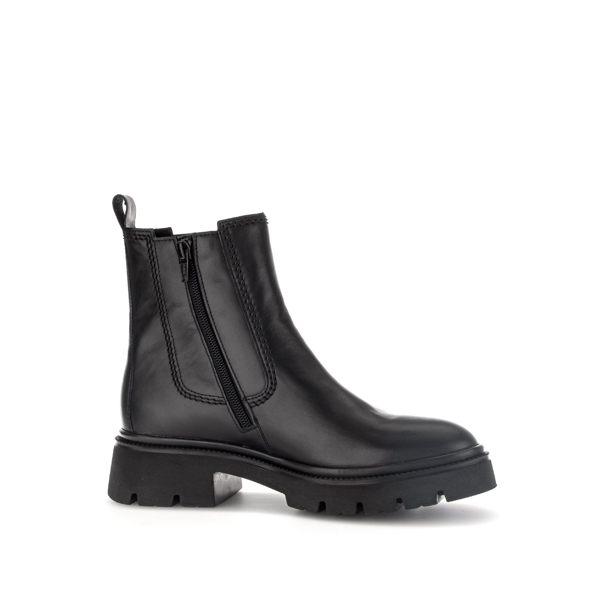 Gabor Marissa black waxed leather ankle boots with side zipper, chunky sole, and pull tab, stylish for women.