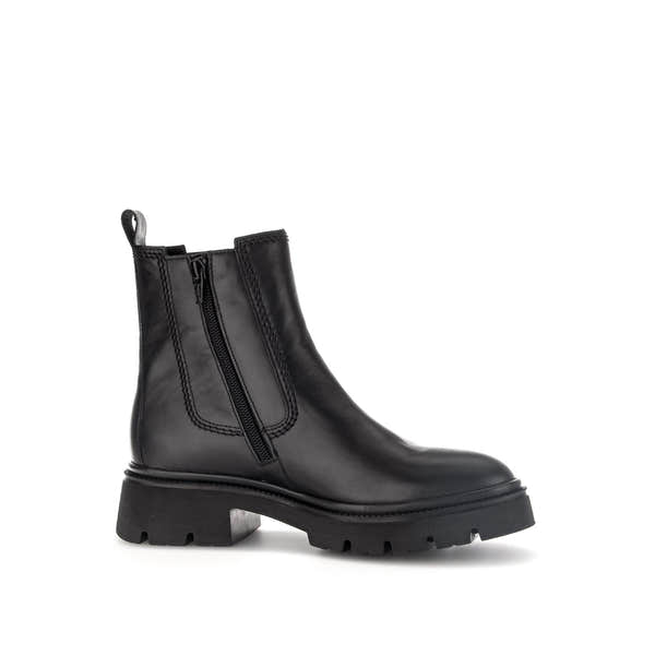 Gabor Marissa black waxed leather ankle boots with side zipper, chunky sole, and pull tab, stylish for women.
