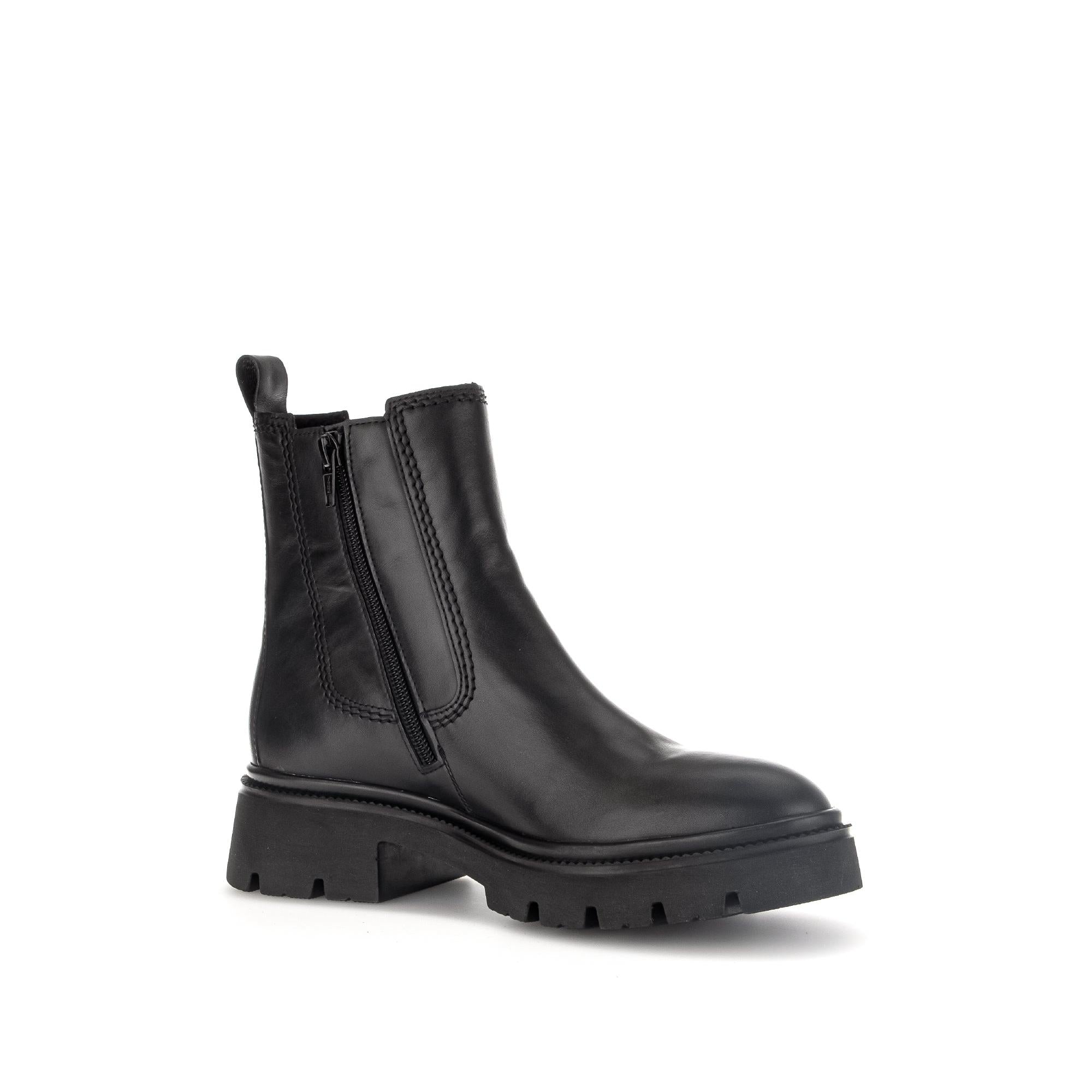 Gabor Marissa Women's Black Waxed Leather Side Zip Ankle Boots with chunky sole and pull-tab.