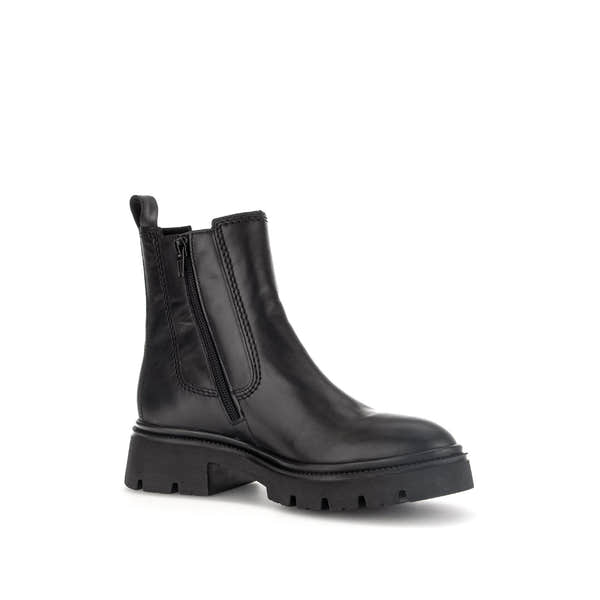 Gabor Marissa Women's Black Waxed Leather Side Zip Ankle Boots with chunky sole and pull-tab.