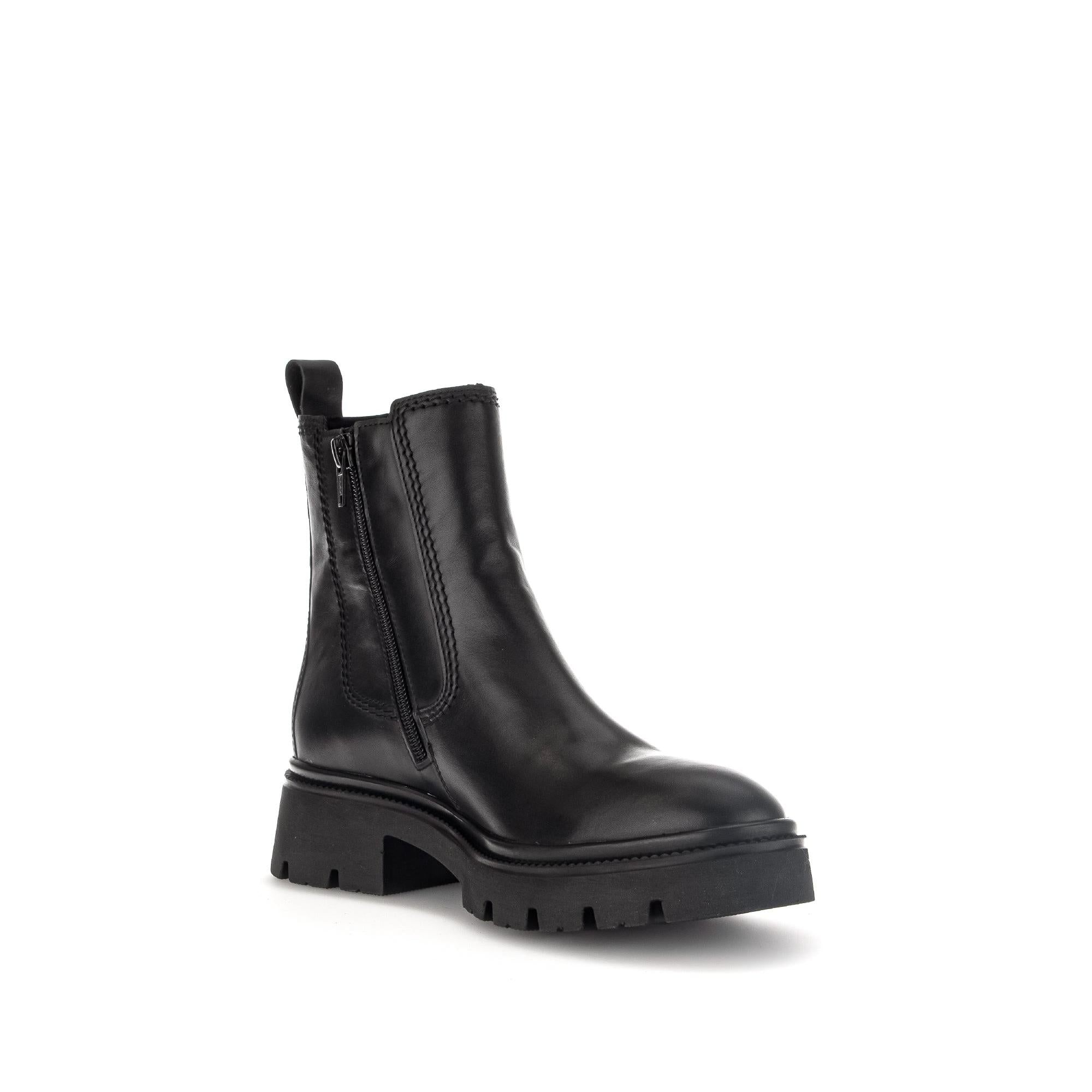 Gabor Marissa women's black waxed leather ankle boots with side zipper, chunky heel, and rugged sole.