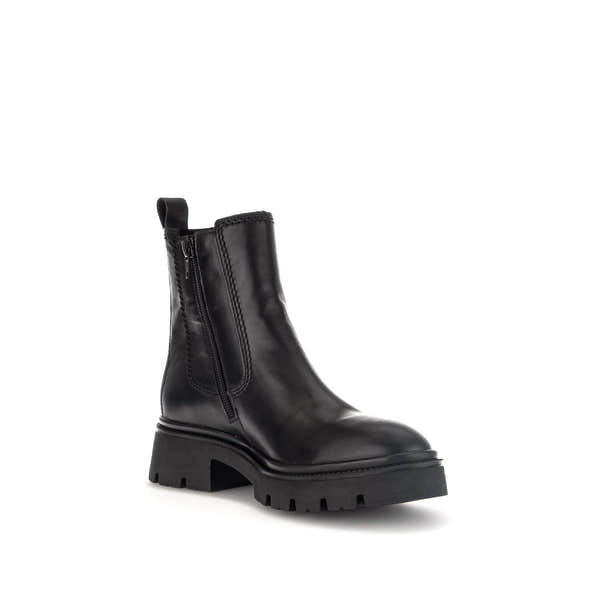 Gabor Marissa women's black waxed leather ankle boots with side zipper, chunky heel, and rugged sole.