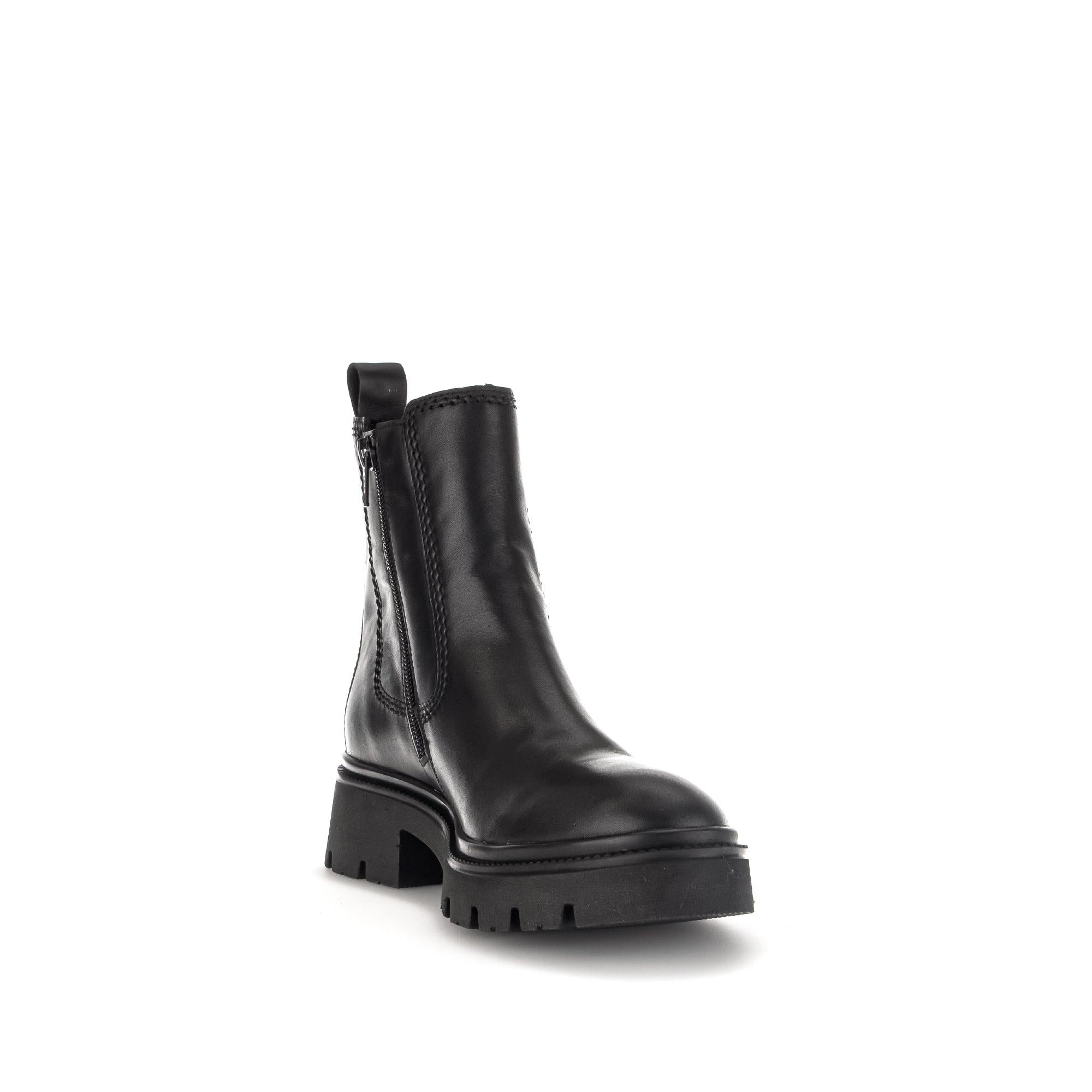 Gabor Marissa Ladies Black Waxed Leather Side Zip Ankle Boots with chunky sole and heel.