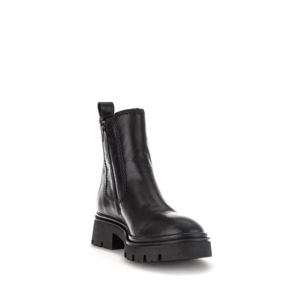 Gabor Marissa Ladies Black Waxed Leather Side Zip Ankle Boots with chunky sole and heel.