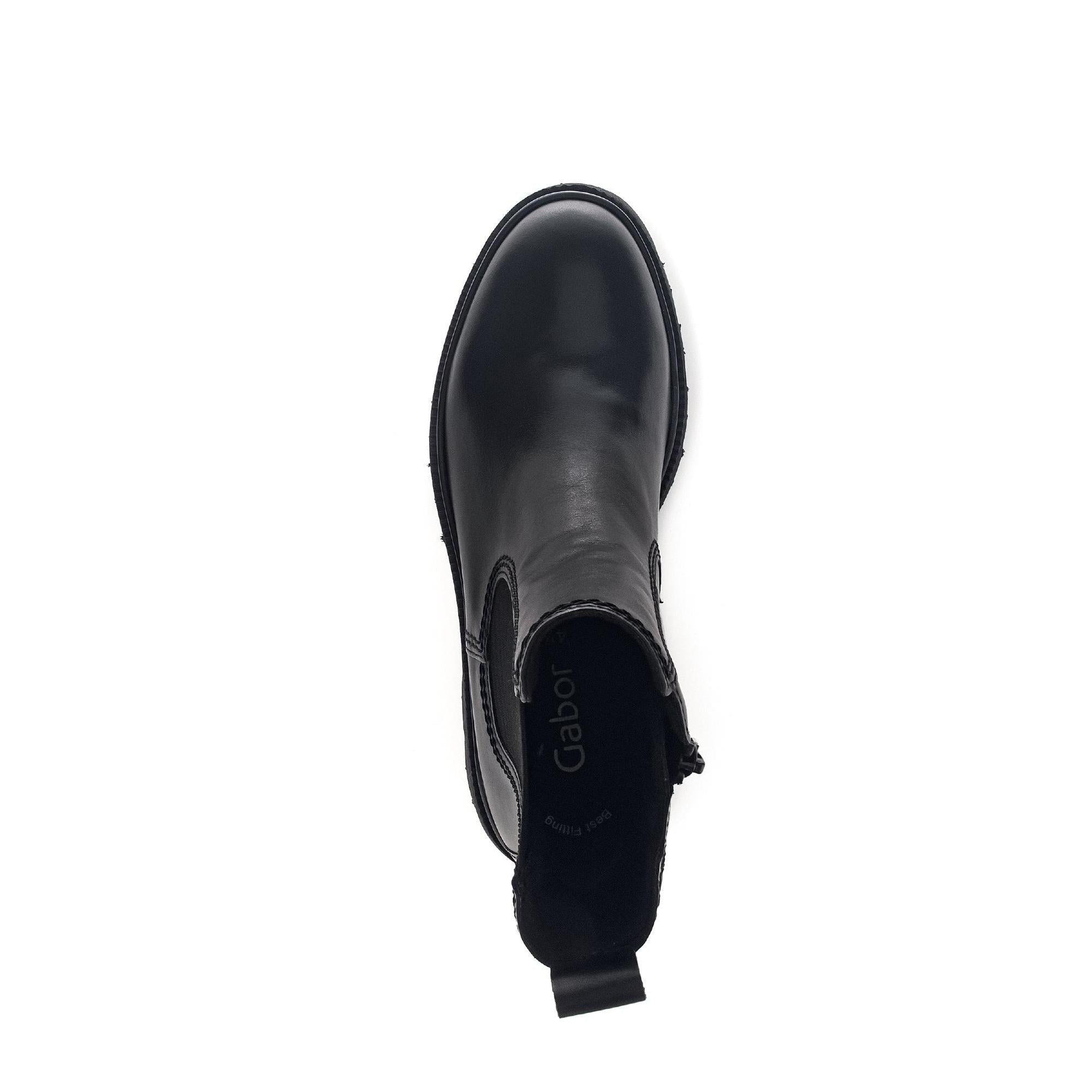 Gabor Marissa women's black waxed leather ankle boots with side zip, low heel, and pull tab, stylish and durable footwear.