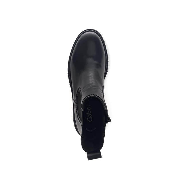 Gabor Marissa women's black waxed leather ankle boots with side zip, low heel, and pull tab, stylish and durable footwear.