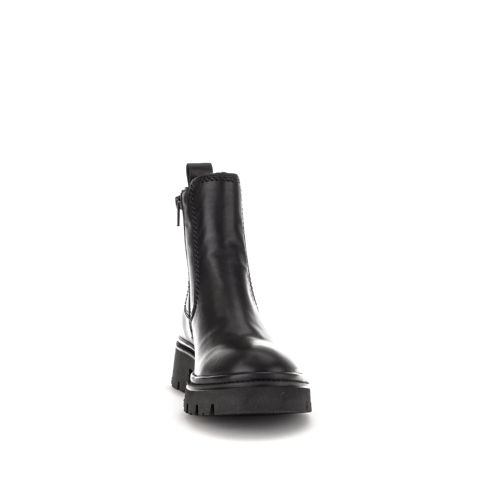 Gabor Marissa women's black waxed leather ankle boots with side zipper, chunky sole, and rugged style.