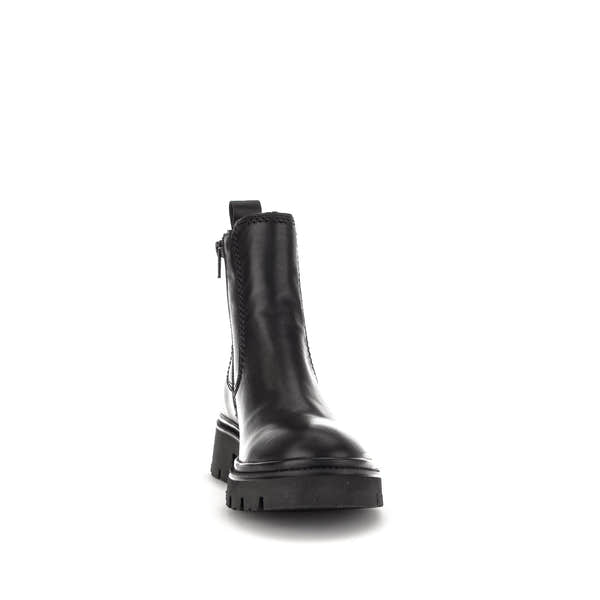 Gabor Marissa women's black waxed leather ankle boots with side zipper, chunky sole, and rugged style.