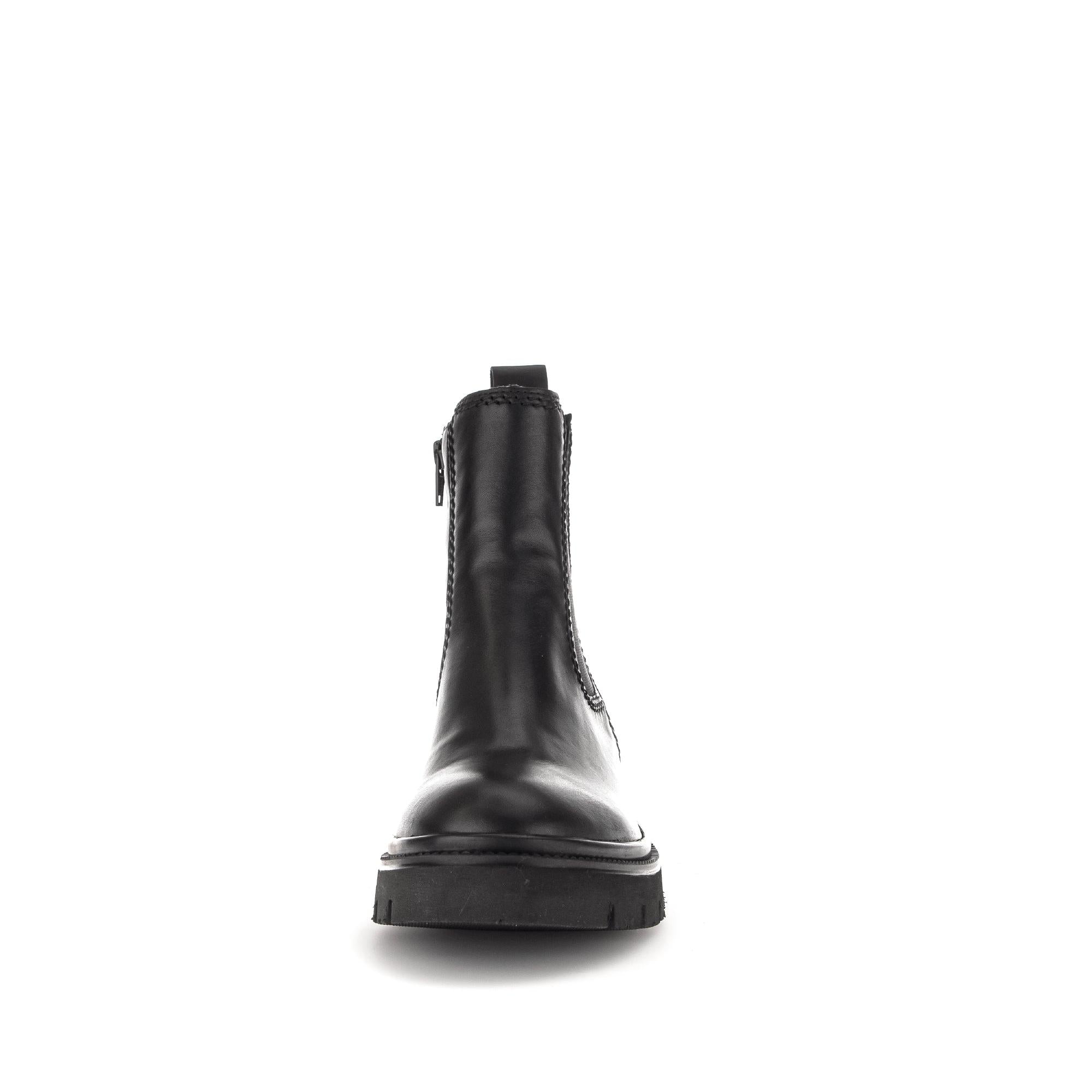 Gabor Marissa women's black waxed leather ankle boot with side zipper and chunky sole.