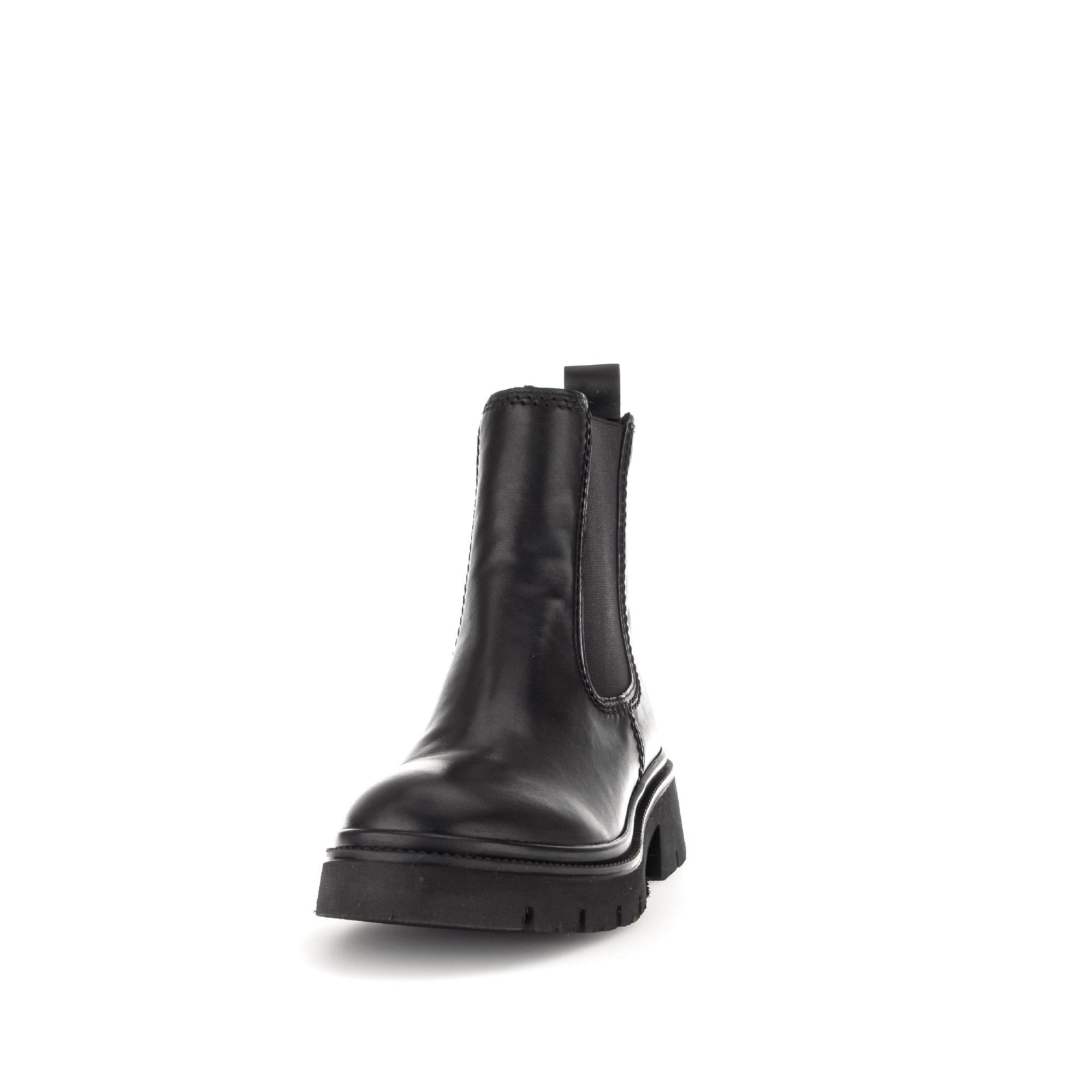 Black waxed leather ankle boot with side zipper, chunky sole, and pull tab, Men's Gabor Marissa style.