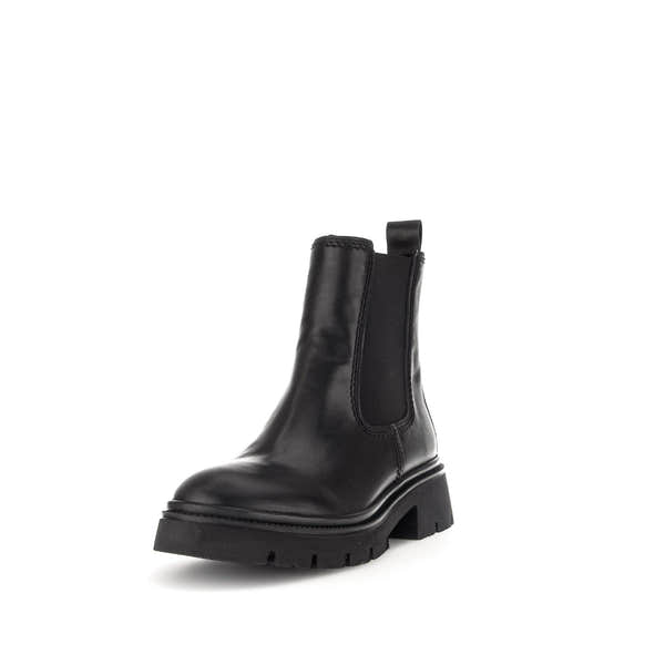 Gabor Marissa Women's Black Waxed Leather Side Zip Ankle Boots with chunky heel and rugged sole.