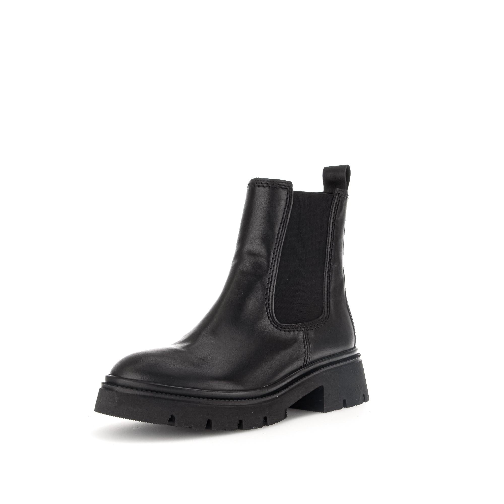 Black waxed leather side zip ankle boot for women with chunky sole and pull-tab, labeled Gabor 71.850.27 Marissa.