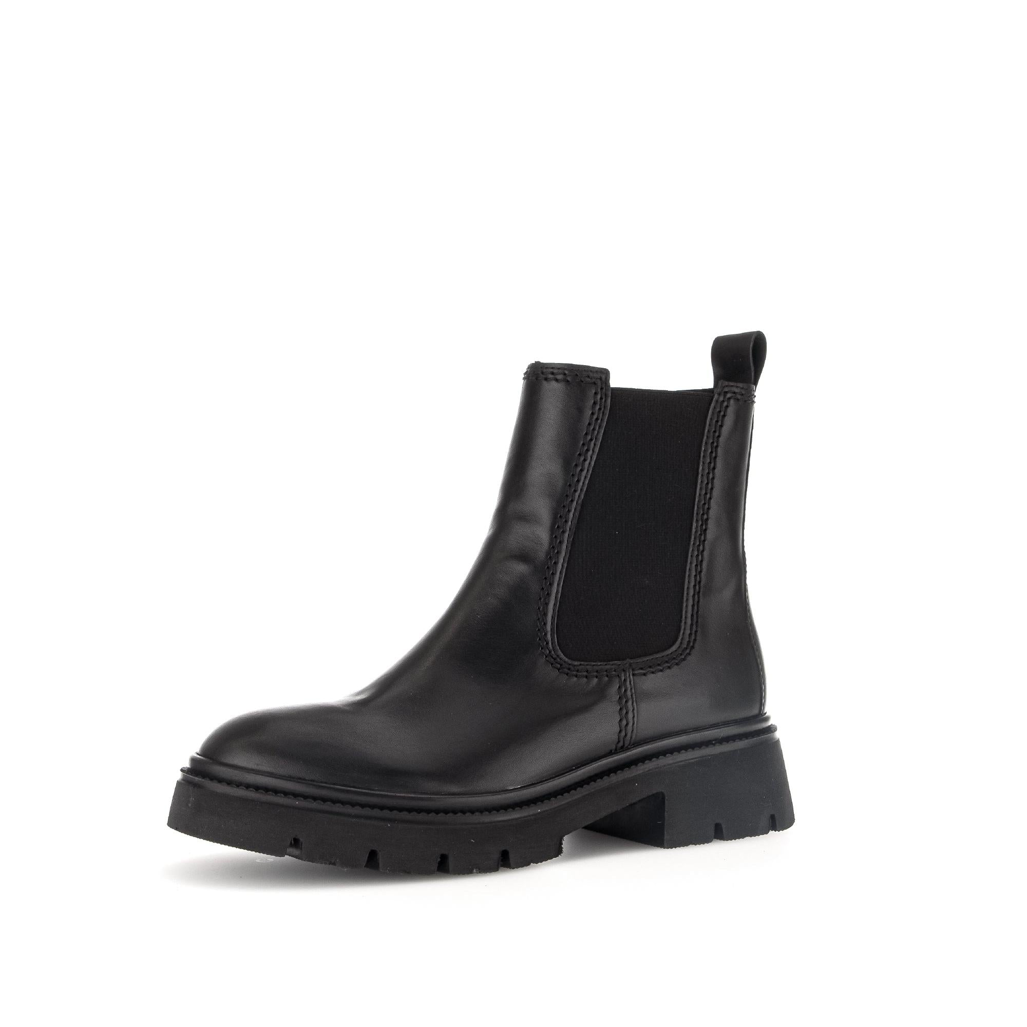 Gabor Marissa Women's Black Waxed Leather Side Zip Ankle Boots with chunky sole and pull tab, stylish and durable footwear.